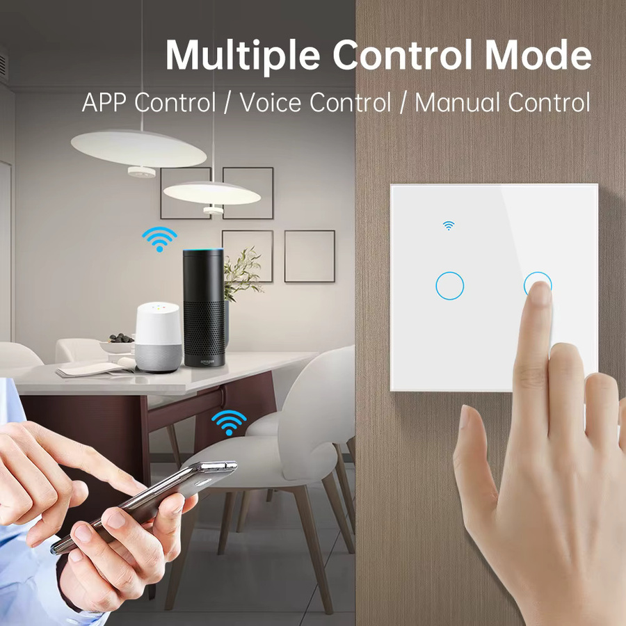 Smart Life WLAN Touch-Lichtschalter 2-fach mit 1/2/3-Wege-Steuerung, weißer Wand-Kreuzschalter aus gehärtetem Glas, kompatibel mit Tuya, Google Home und Alexa - Bild 2