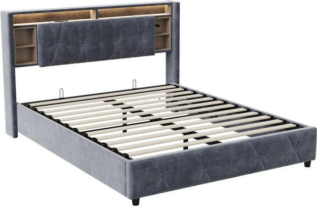 PXloue Polsterbett aus Samt in Grau mit Stauraum, USB-Ladeport und Unterbettbeleuchtung, B/T/H: 140 x 200 x 105 cm - Bild 1