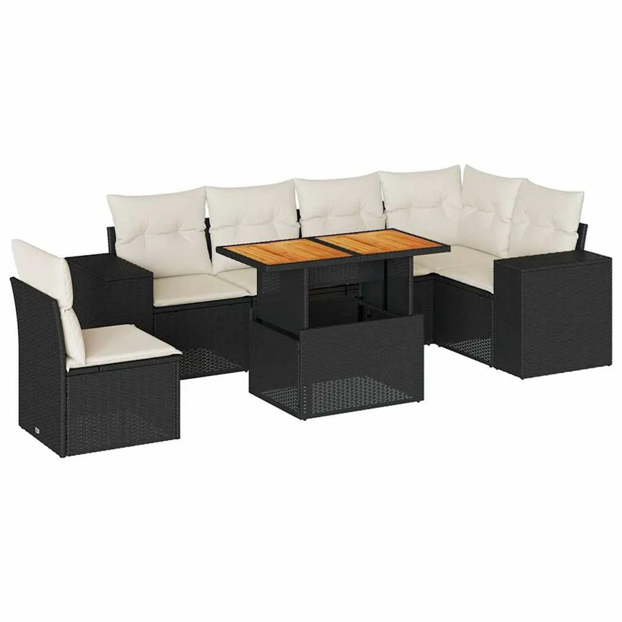vidaXL 7-teilige Garten-Sofagarnitur aus Polyrattan in Schwarz mit Kissen und L-Form - Bild 2