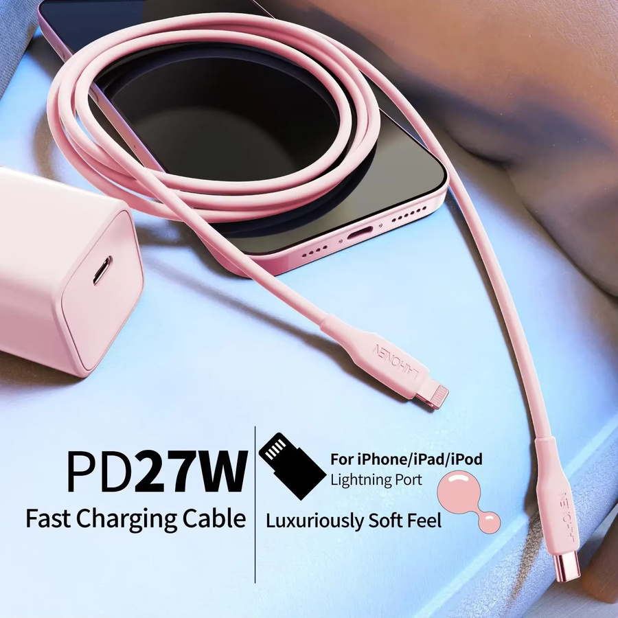 LAIHONEN USB-C auf Lightning PD-Schnellladekabel 27 W Silikon-Datenkabel in Macaron Pink für iPhone 14 13 12 11 Pro Max - Bild 4