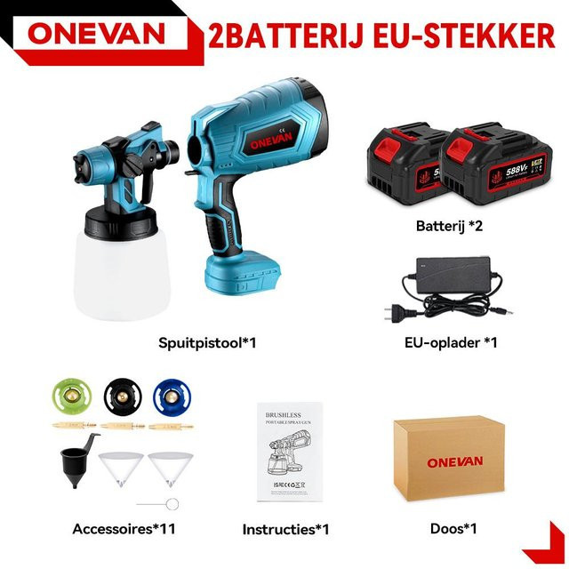 ONEVAN Akku-Spritzpistole in Schwarz für Makita 18V Akku mit 1000 ml Fassungsvermögen für Farbspritzarbeiten an Möbeln und Stahlbeschichtungen - Bild 1