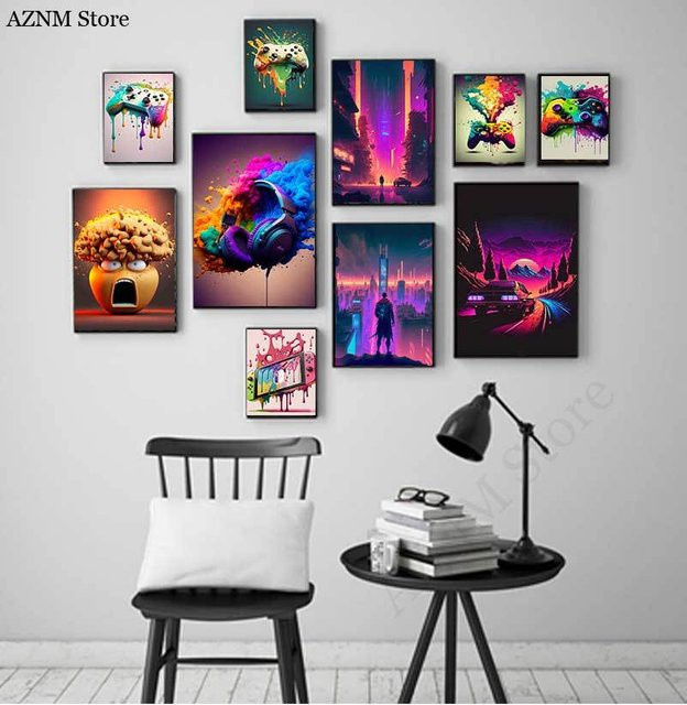Potdemiel Wandkunst Poster mit bunten Spielcontrollern, Nordisches Design Leinwandgemälde für das Kinderzimmer und die Heimdekoration, Mehrfarbig - Bild 1