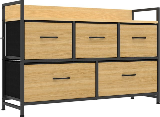 HOMCOM Kommode aus Stoff mit 5 Schubladen und Stahlgestell in Eiche, Aufbewahrungsschrank für Schlafzimmer und Wohnzimmer - Bild 1