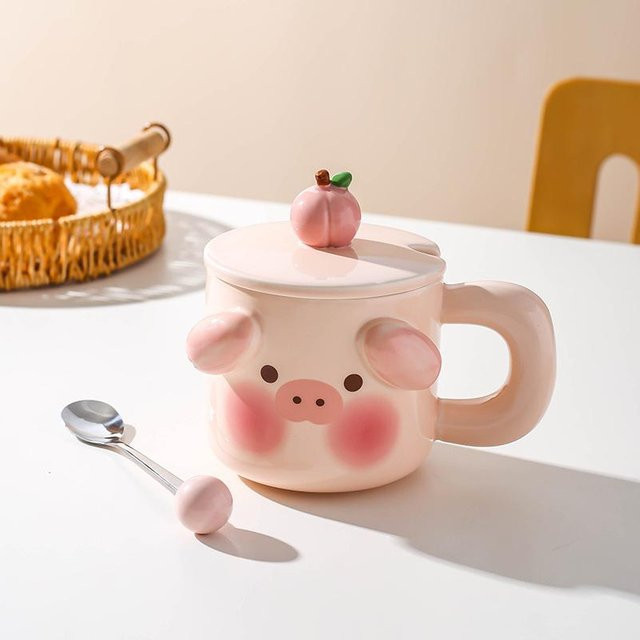 Keramik Schwein Tasse mit Löffel und Deckel, 450 ml, in Weiß oder Pink - Bild 1