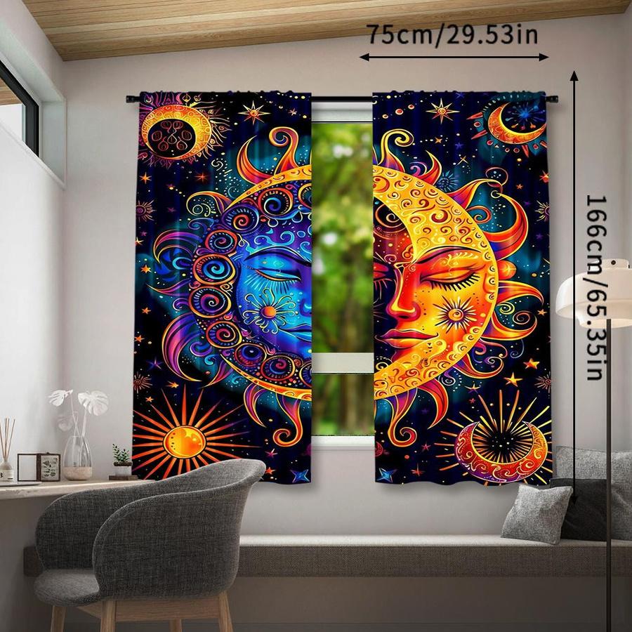 Tonnika Chen Vorhang-Set mit abstraktem Sonne-Mond-Design in Multicolor, 2er-Set aus Polyester, Breite: 100 cm, Höhe: 70 cm - Bild 3