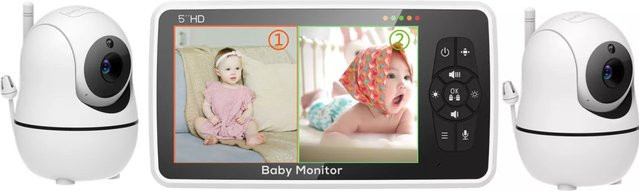MBOSS Video-Babyphone mit zwei Kameras und 5-Zoll-Display in Weiß mit Nachtsicht, 4x Zoom, 2-Wege-Audio, Temperatursensor und Wiegenlied-Funktion - Bild 1