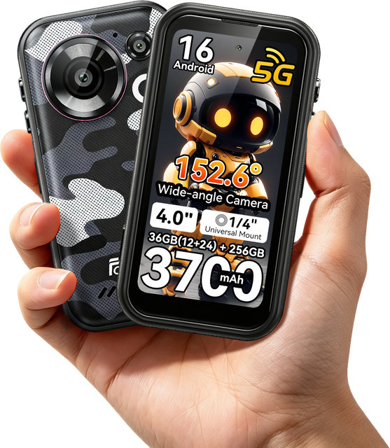 FOSSiBOT F116 Pro 5G Robustes Mini Smartphone in Schwarz mit Dimensity 7300, 256GB Speicher, 4 Zoll HD-Bildschirm, 3700mAh Akku und Android 16, IP68 zertifiziert - Bild 1