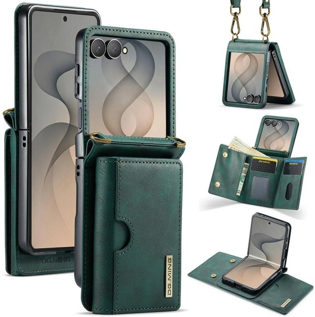 Crossbody Lanyard Leder Handyhülle für Samsung Galaxy Z Flip 8, 7, 6 und FE mit Geldbörse und Kartenhalter in Grün - Bild 1