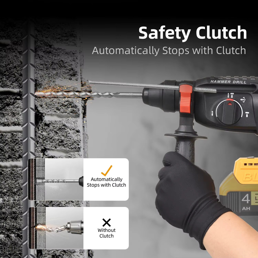 DWiusty 3-in-1 Akku-Bohrhammer mit bürstenlosem Motor und Meißel für Beton und Wände, Gelb - Bild 3