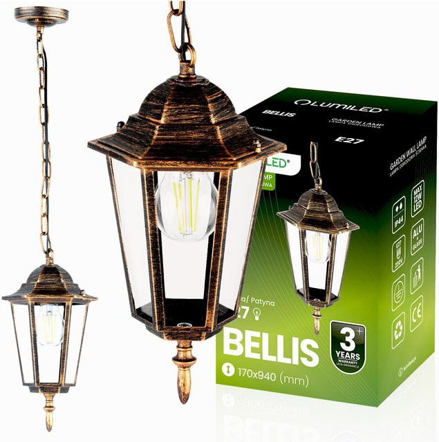 Lumiled Hängende Gartenlampe Bellis Laterne in Bronze mit E27 Fassung und transparentem Glas - Bild 1