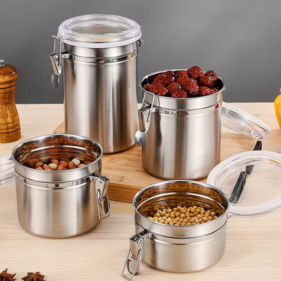Luftdichter Vorratsbehälter aus Edelstahl in Silber für Kaffee, Mehl, Zucker und Tee, auslaufsicher und versiegelt - Bild 3