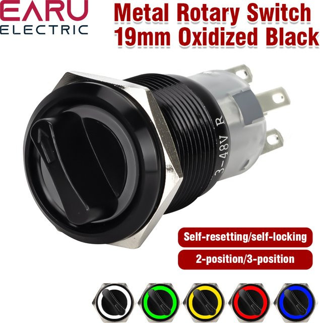 EARU Metall-Drehschalter mit LED-Beleuchtung, wasserdichter DPDT-Wahlschalter, 2/3 Positionen, Schwarz und Grün, 19 mm - Bild 1