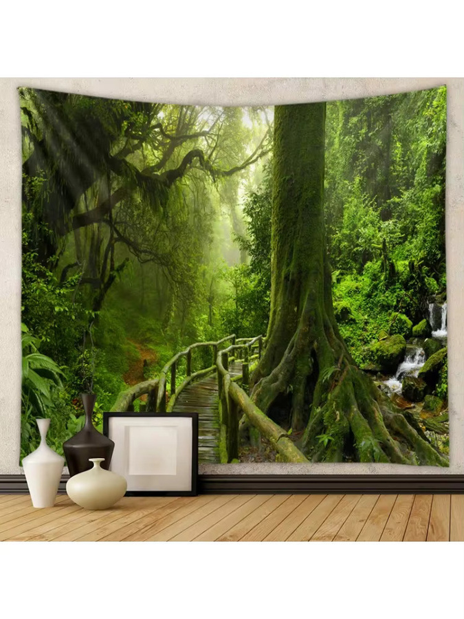 VIKAMA Wandbehang Regenwald mit grünem moosigem Wald, Holzbrücke und Wasserfall, Wandteppich für dein Wohnzimmer oder Schlafzimmer, B/H: 75 x 58 cm - Bild 2