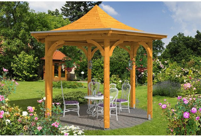 Skan Holz Pavillon Versailles aus Leimholz in Eiche Hell mit beige Zeltdach B/H/T: 418 x 332 x 360 cm - Bild 1
