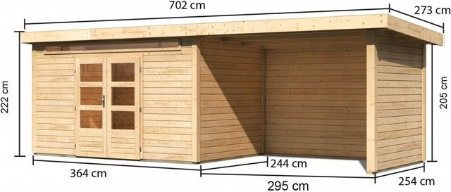 KARIBU Gartenhaus Kandern aus Holz in Braun mit Anbaudach B/H/T: 655 x 222 x 244 cm - Bild 1