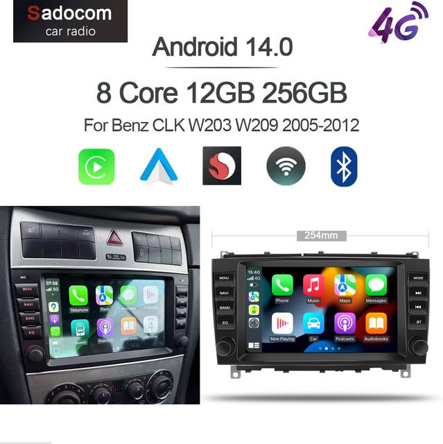 Sadocom Android 14.0 Autoradio mit 8 Zoll Display, 8GB RAM + 256GB Speicher, Carplay, GPS-Navigation und Multimedia für Mercedes Benz CLK W209 (2005-2012), Schwarz - Bild 1