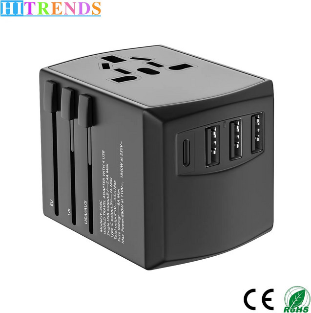 HITRENDS Globaler Universal-Reiseadapter in Schwarz mit 3 USB-A und 1 USB-C Schnellladeanschluss für EU, UK, USA, AU, Südafrika und Indien - Bild 1