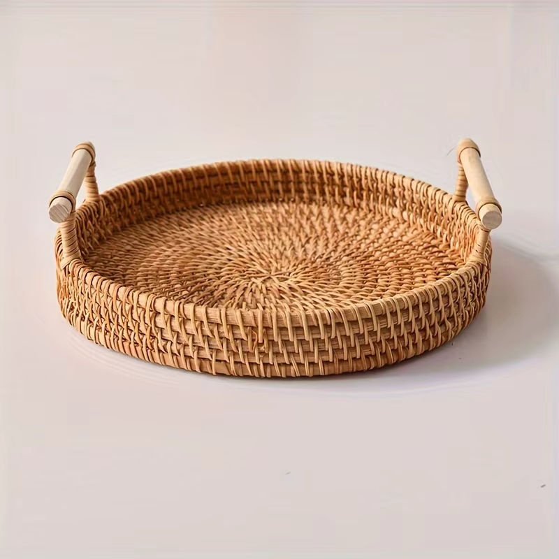 Handgefertigtes Rattan-Tablett in Braun, Rundes Obst- und Snack-Tablett im Bohemian-Stil - Bild 2