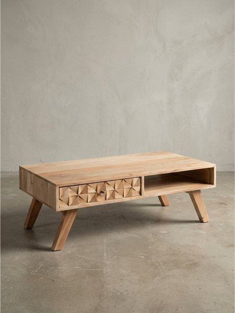 KADIMA DESIGN Couchtisch aus Akazie Massivholz in Landhaus-Optik mit Schublade, Braun, B: 95 cm, T: 35 cm, H: 50 cm - Bild 1