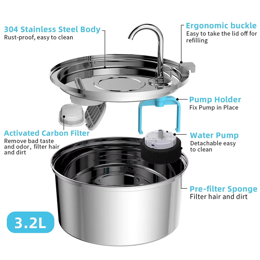 ZYfeeder Automatischer Trinkbrunnen aus Edelstahl für Katzen und Hunde, Silber, USB-elektrisch mit Geräuschlos-Funktion und Filtersystem - Bild 3