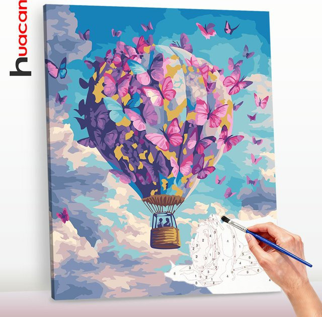 Huacan Malen nach Zahlen Set mit Heißluftballon und Schmetterlingen auf Leinwand, Mehrfarbiges Ölgemälde für Erwachsene zur Heimdekoration - Bild 1