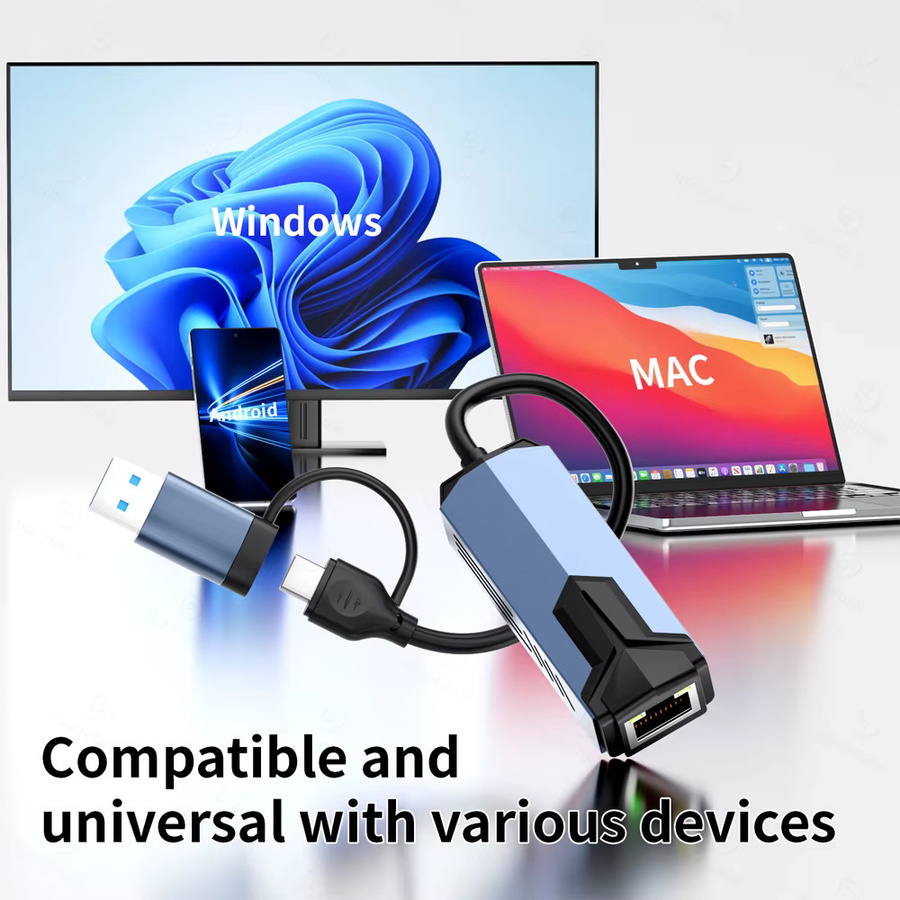 Kebidumei 2in1 USB 3.0 auf Typ-C zu RJ45 Ethernet Adapter mit 5000 Mbit/s Hochgeschwindigkeits-Netzwerkkarte für MacBook, Notebook und PC - Bild 1