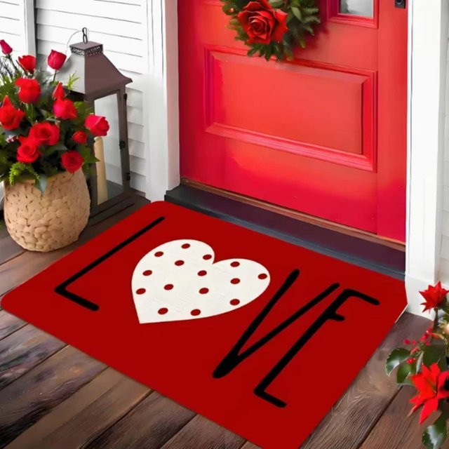 VIKAMA Willkommens-Fußmatte mit Herz-Motiv in Rot-Weiß, maschinenwaschbare Eingangstürmatte für dein Zuhause, Breite: 60 cm, Tiefe: 40 cm - Bild 1