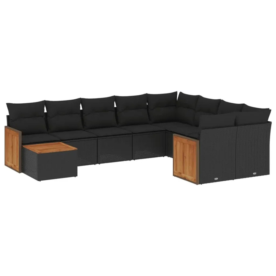 vidaXL 10-tlg. Garten-Sofagarnitur in L-Form aus Poly-Rattan und Akazienholz mit Kissen, Schwarz - Bild 2