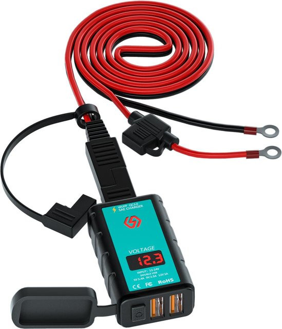 Motorrad-USB-Ladegerät mit Dual-USB-Schnellladung 3.0, Voltmeter und 1,4 m OT-Verlängerungskabel in Schwarz - Bild 1