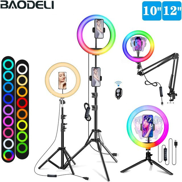 BAODELI RGB Selfie-Ringlicht mit Stativ und Handyhalterung, 30 cm LED-Fülllicht für Fotografie und Make-up - Bild 1