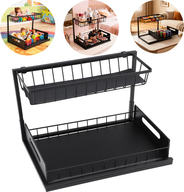 LONENESSL Ausziehbares 2-stöckiges Unterschrank-Organizer-Regal in Schwarz, Mehrzweck-Gewürzregal für Küche und Bad, Breite: 28,0 cm, Tiefe: 36,0 cm - Bild 1