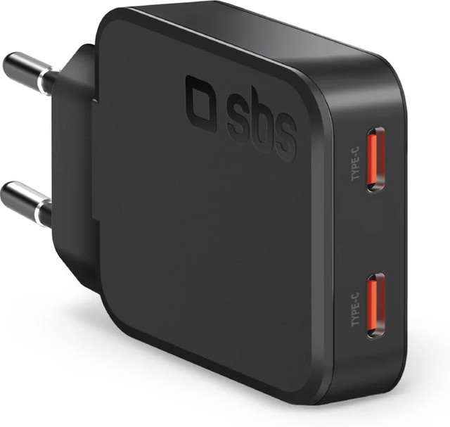 SBS Ultra Slim USB-C Wandladegerät mit 65 W und 2 Ausgängen, Schwarz - Bild 1