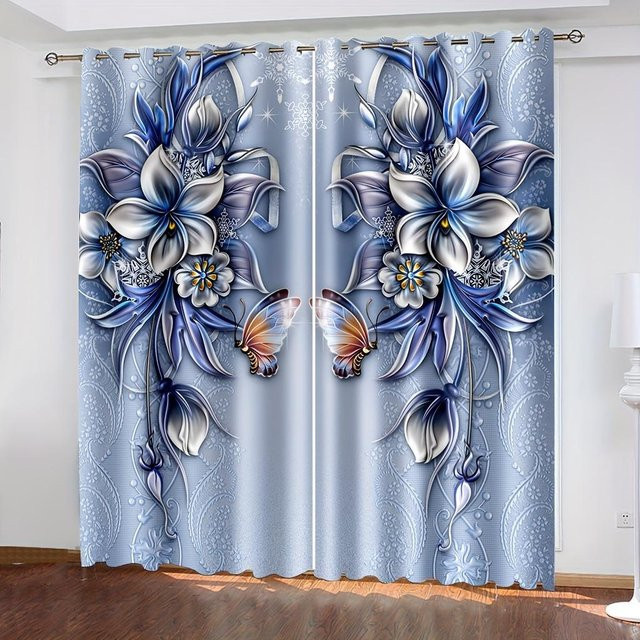 Yiran Furniture 2er-Set Vorhänge mit Retro-Blumenmuster in Blau, halbtransparent, B: 100 cm, H: 230 cm - Bild 1