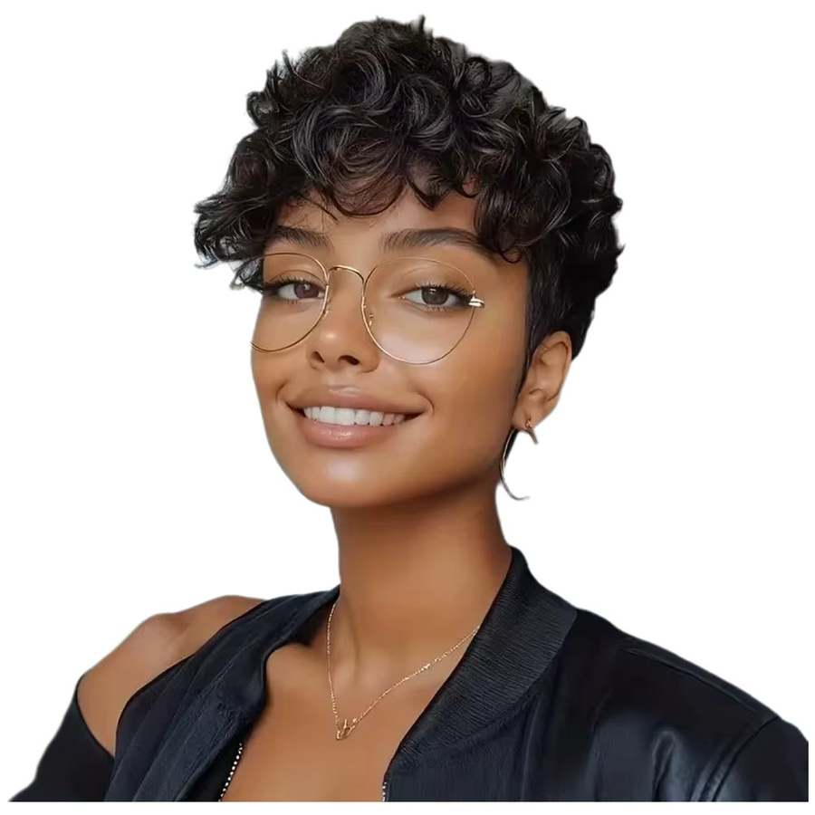 OYM HAIR Pixie-Perücke, Echthaar, Schwarz, Lockig, Damen - Bild 3