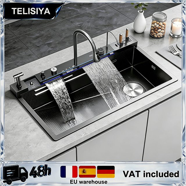 TELISIYA Edelstahl-Küchenspüle mit Digitalanzeige und Wasserfall-Armatur in Silber - Bild 1