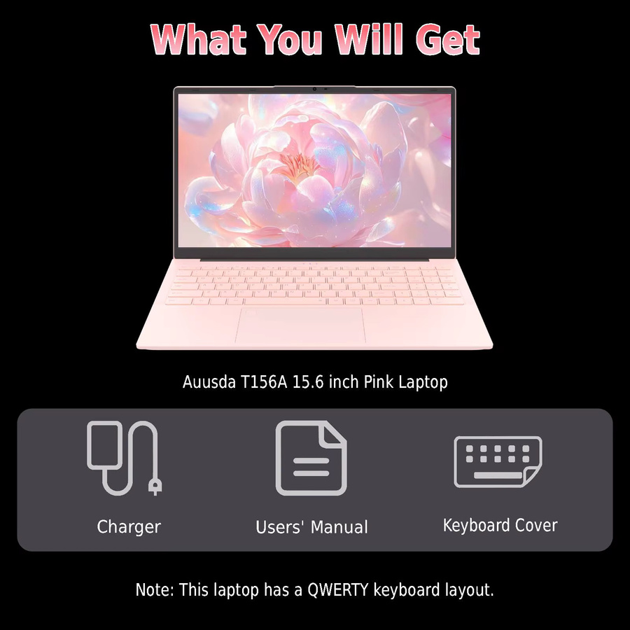 Auusda Laptop 15,6 Zoll in Pink mit 3050e-Prozessor, 8 GB DDR4 RAM und 512 GB SSD, Tastatur mit Hintergrundbeleuchtung und Fingerabdruck-Sensor - Bild 7