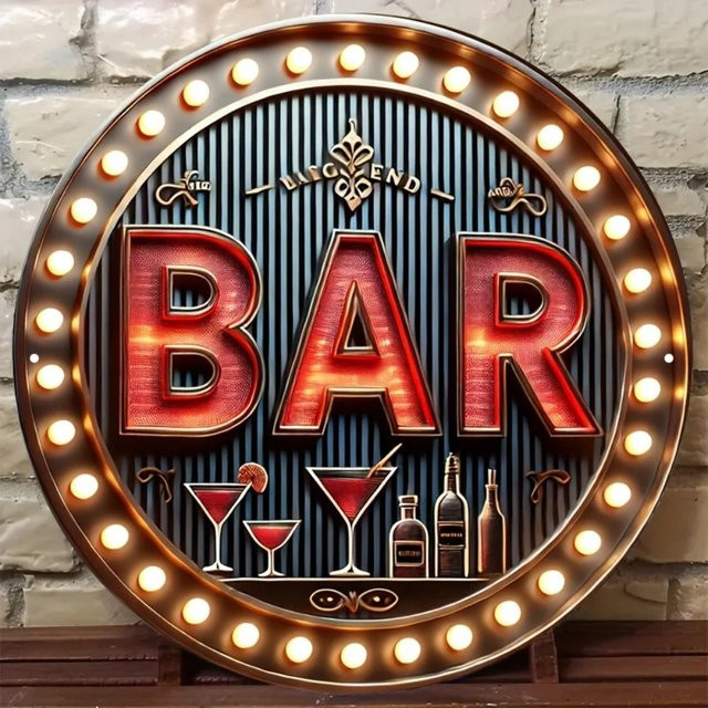 HELLOYOUNG AceBar Neon LED Wandschild, Retro Aluminium-Plakette in Rot und Gold, runde Metall-Deko für Pub und Hausbar, Durchmesser: 20,32 cm - Bild 1