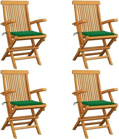 vidaXL Gartenstuhl-Set aus Teak-Massivholz mit grünen Kissen, 4 Stück, stapelbar