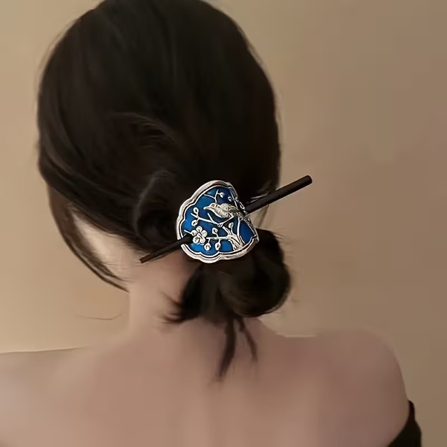 Haarspange Emaille, blau, floral, Damen, Mädchen - Bild 1