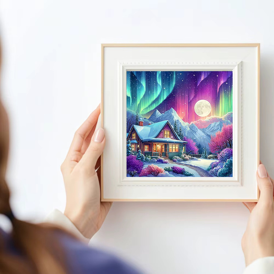 Huacan 5D-Diamantgemälde Aurora Mountain Winter Landschaft als Diamant-Mosaik zur Heimdekoration in Mehrfarbig, Breite: 20,0 cm, Höhe: 20,0 cm - Bild 3