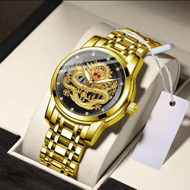 YIRAN Jewelry Armbanduhr, Quarz, Edelstahl, Gold, Schwarz, Herren - Bild 1