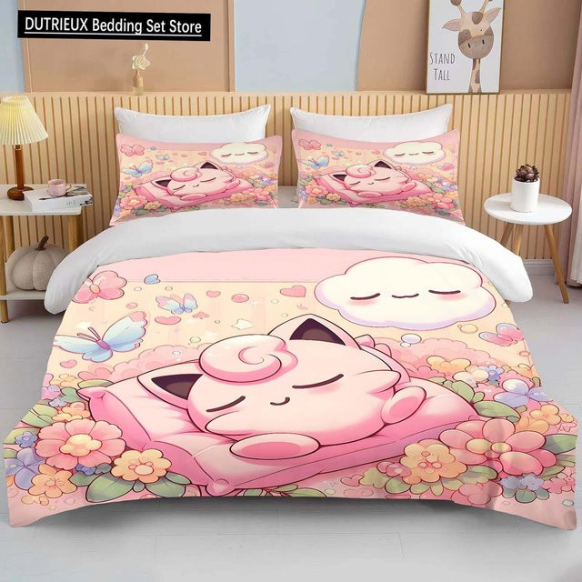 Pokémon Bettwäsche-Set mit Jigglypuff-Print in Rosa, bestehend aus 1 Bettbezug und 2 Kissenbezügen, aus Mikrofaser für Erwachsene und Kinder, B/H: 210 x 210 cm - Bild 1