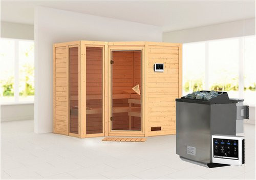 Karibu Sauna Kunda aus Fichtenholz in Beige inklusive 9 kW Bio-Kombi-Saunaofen mit externer Steuerung für 4 Personen, B/T/H: 236 x 209 x 184 cm - Bild 1