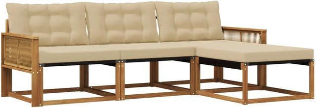 vidaXL Outdoor-Sofagarnitur L-Form aus Akazienholz mit Textilene und Kissen in Natur und Beige - Bild 1