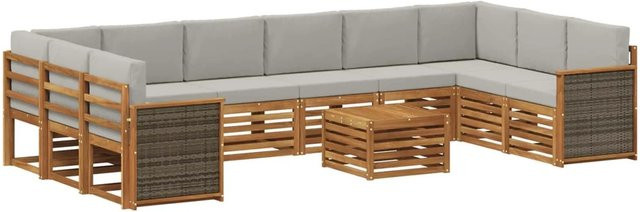 vidaXL Outdoor-Sofagarnitur L-Form aus Akazienholz mit 8 Kissen in Natur und Hellgrau - Bild 1