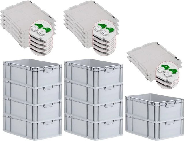 PROREGAL SuperSparSet 10x Eurobox NextGen Grip mit Scharnierdeckel und grünen Schiebeschnappverschlüssen, Grau, H x B x T: 22 x 40 x 60 cm - Bild 1