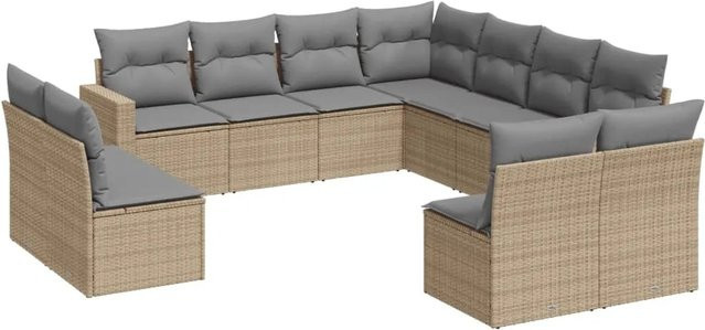 vidaXL 11-tlg Garten-Sofagarnitur aus Poly-Rattan mit Kissen in Beige, Modell 24 - Bild 1