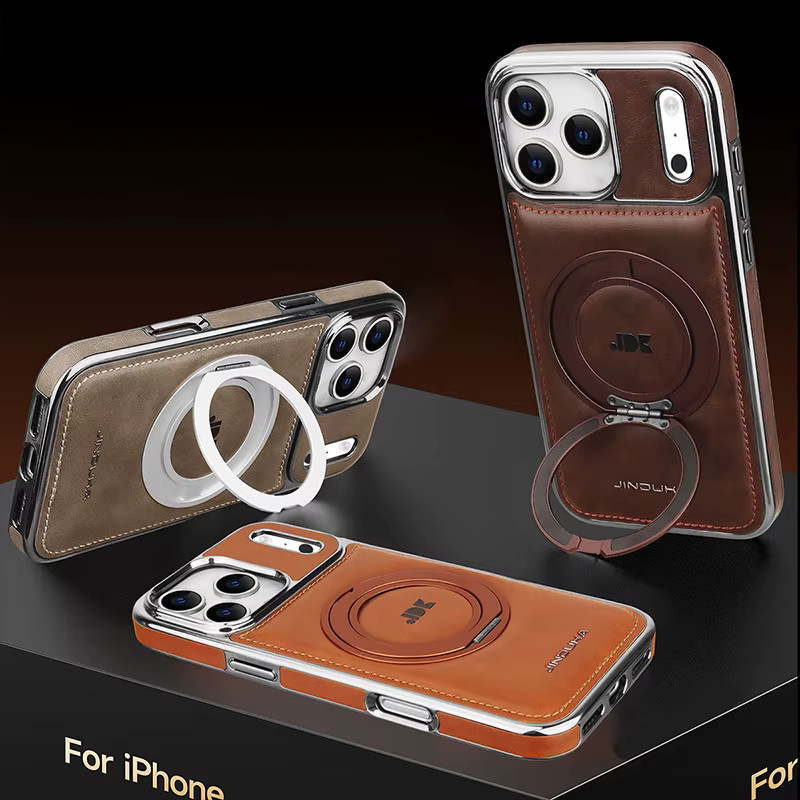 HQBBRO Leder-Handyhülle mit magnetischem 360-Grad-Drehständer und Ringhalter für iPhone 17 Pro Max, 16 Plus, 15, 14, 13 in Grau, kompatibel mit MagSafe - Bild 4