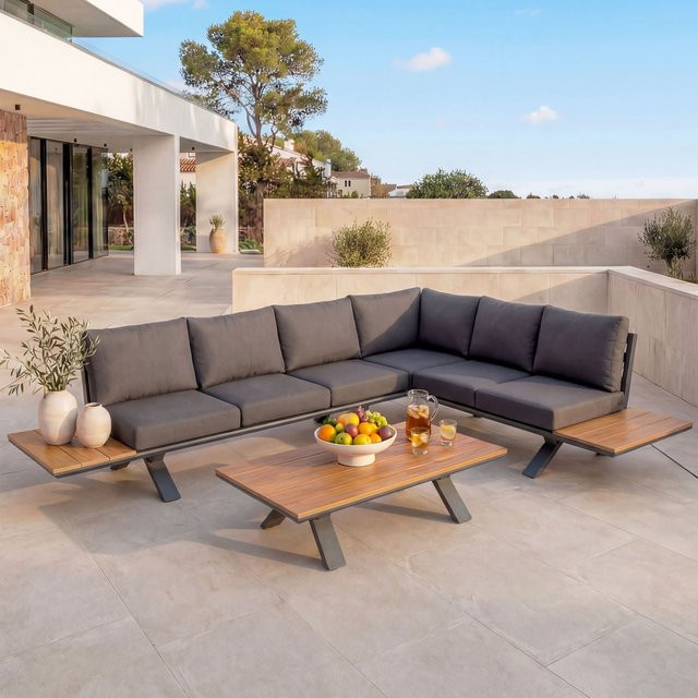 MCW Garten-Garnitur M62 Lounge-Set aus Aluminium in Holzoptik mit anthrazitfarbenem Gestell und dunkelgrauen Sitz- und Rückenpolstern - Bild 1