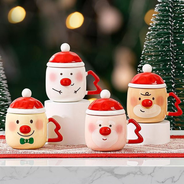 Yiran Furniture Weihnachtstasse aus Keramik mit Deckel und Löffel, weiß, 350,5 ml - Bild 1